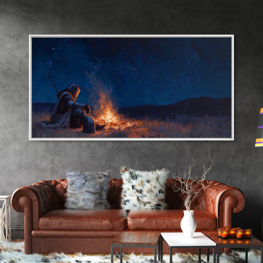 Lonely Knight Campfire Canvas Print, Dark Fantasy Wall Art, Starry Night Medieval Decor, Gaming Room Art And Gift For Him