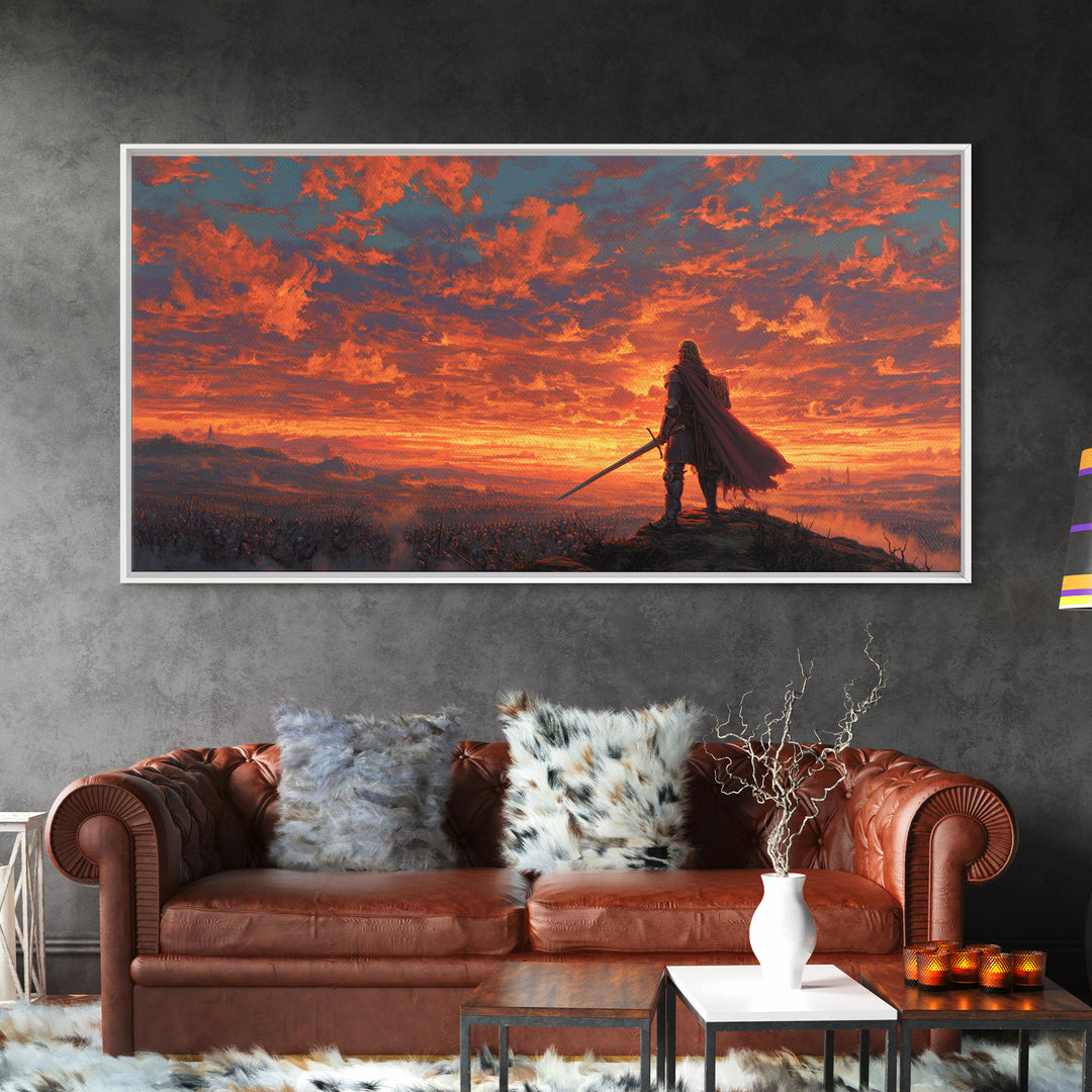 Lone Warrior Over Fiery Battlefield Canvas Print, Fantasy Wall Art, Epic Landscape Art, Medieval Decor, Dramatic Gift For Him