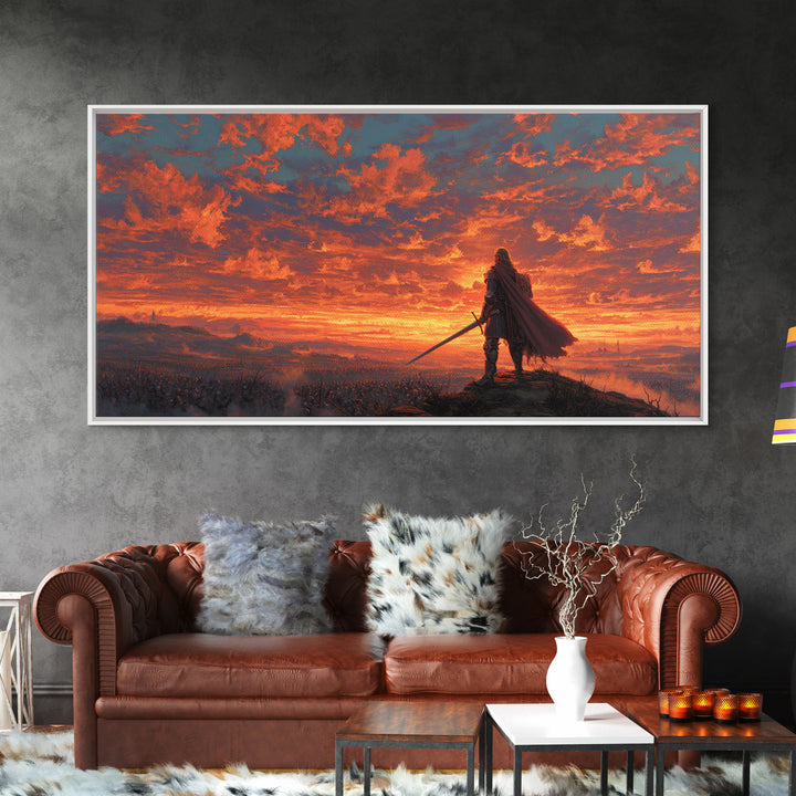 Lone Warrior Over Fiery Battlefield Canvas Print, Fantasy Wall Art, Epic Landscape Art, Medieval Decor, Dramatic Gift For Him