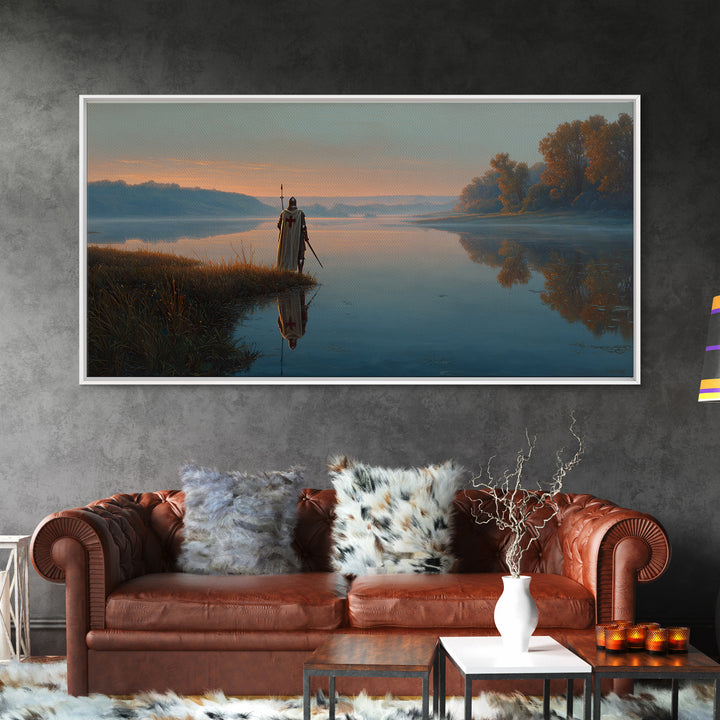 Misty River Knight Landscape Wall Art, Serene Medieval Lake Canvas, Reflective Nature Decor, Fantasy Print, Gift For Him