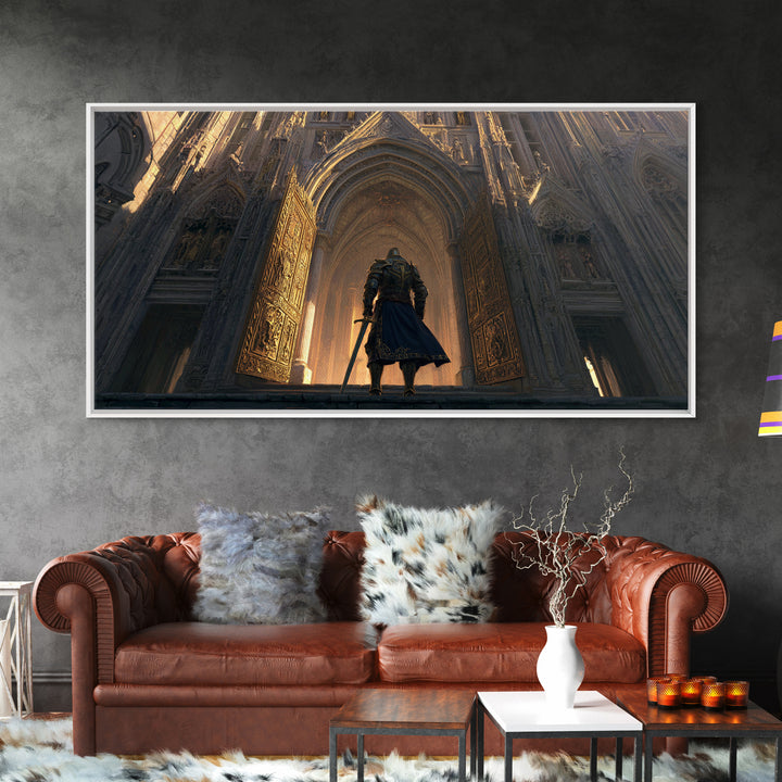 Armored Knight Before Gothic Cathedral Wall Art, Medieval Fantasy Architecture Print, Dark Academia Castle Decor Gift For Him