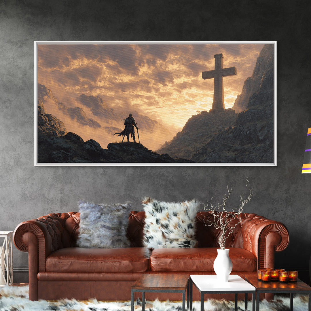 Knight At Mountain Cross Wall Art, Christian Fantasy Canvas Print, Medieval Warrior Decor, Inspirational Religious Art Print