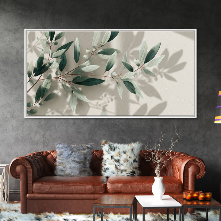 Olive Branch Botanical Canvas Print, Sage Green Wall Art, Minimalist Nature Decor, Calming Japandi Living Room Framed Art