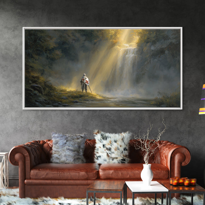 Templar Knight By Misty Waterfall Framed Canvas Print, Christian Wall Art, Medieval Landscape, Inspirational Gift For Him