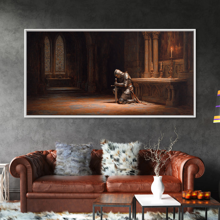 Kneeling Knight In Gothic Chapel Framed Canvas Print, Medieval Wall Art For Dark Academia Decor And Masculine Office Decor