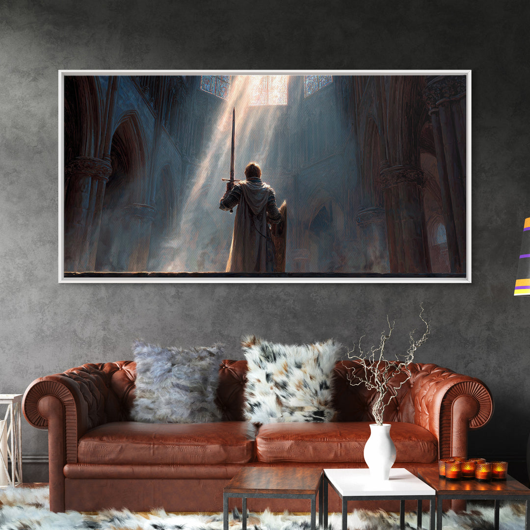 Knight In Sunlit Gothic Cathedral Framed Canvas Print, Fantasy Wall Art, Medieval Decor, Christian Artwork, Gift For Him