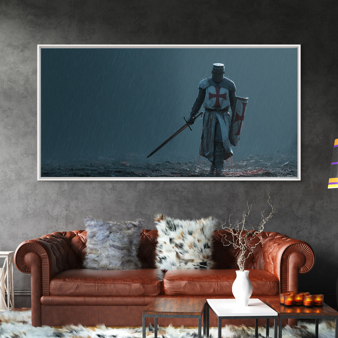 Templar Knight In Rain Wall Art, Medieval Crusader Canvas Print, Dark Fantasy Decor, Gothic Warrior Art Print For Man Cave