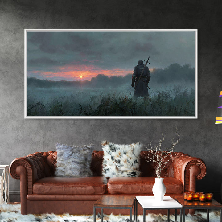 Lone Warrior At Misty Sunrise Wall Art, Medieval Fantasy Canvas Print, Moody Landscape Decor, Dark Academia Gift For Him