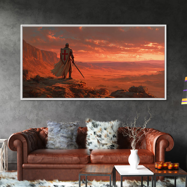 Templar Knight Over Desert Valley Canvas Print, Medieval Fantasy Wall Art, Western Sunset Decor, Man Cave Poster Gift For Him