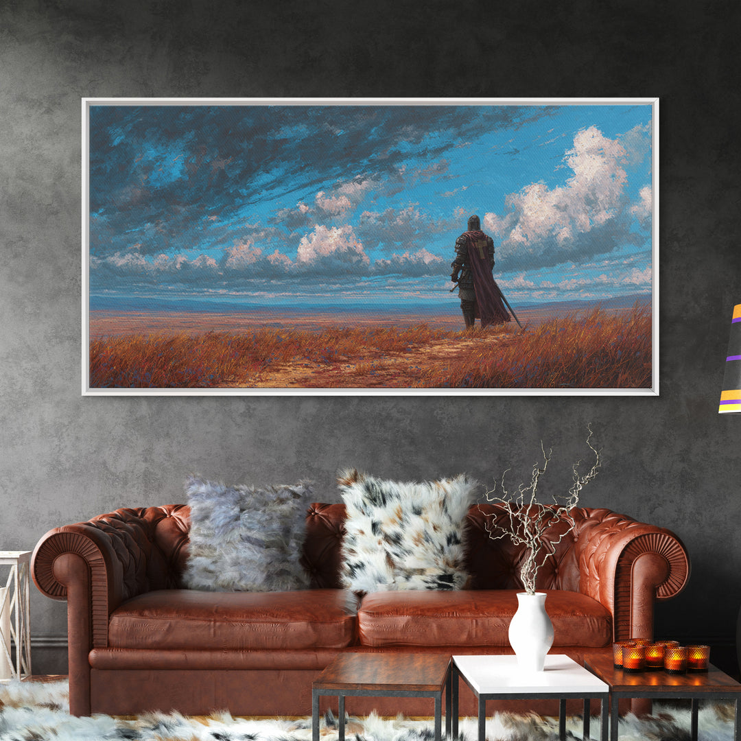 Lone Knight Coastal Fantasy Landscape Wall Art, Medieval Warrior Canvas, Moody Sky Print, Gamer Room Decor Housewarming Gift
