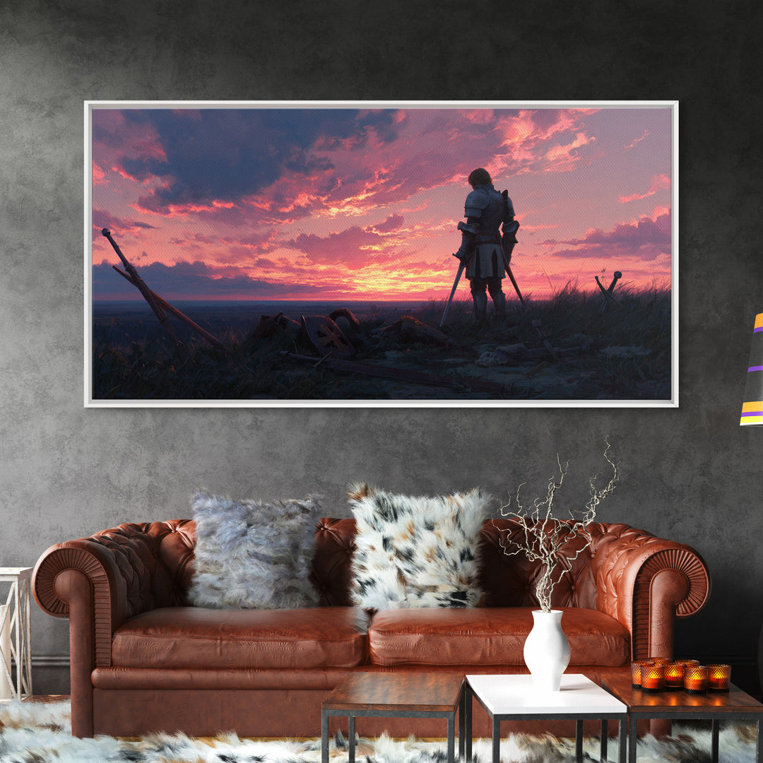 Lonely Warrior Sunset Wall Art, Medieval Battlefield Canvas Print, Moody Fantasy Landscape Decor, Gift For Him Office Art