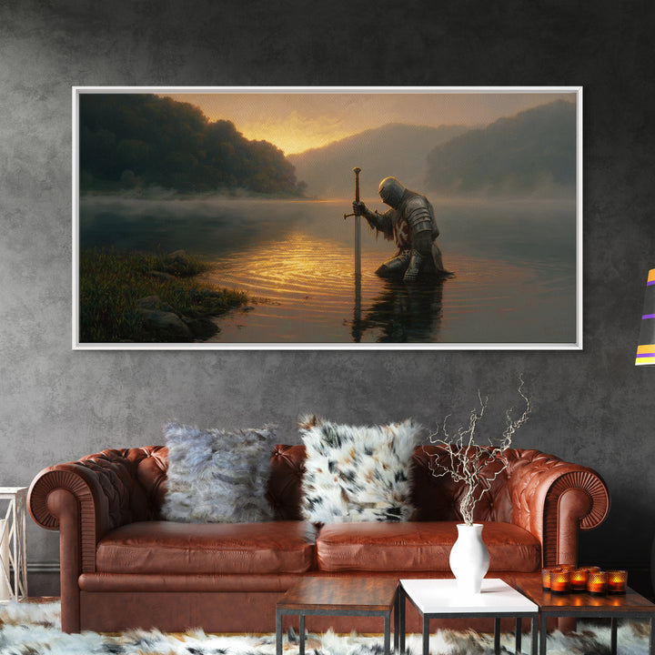 Kneeling Knight In Misty Lake At Sunrise Framed Canvas Print, Fantasy Wall Art, Medieval Decor, Man Cave Art, Gift For Him