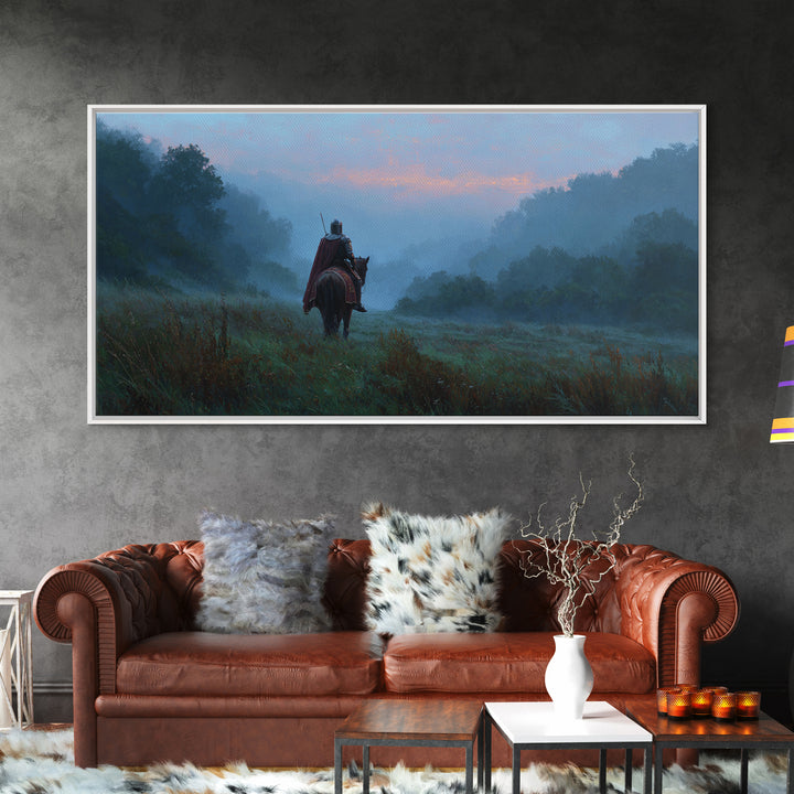 Lone Rider In Misty Forest Canvas Print, Moody Landscape Wall Art, Medieval Horseman Decor, Fantasy Adventure Gift For Him
