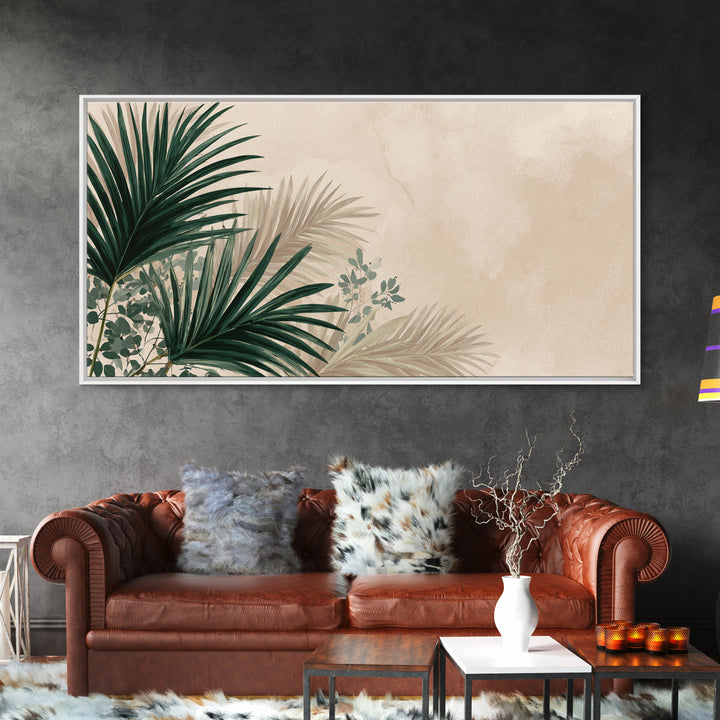 Large Tropical Palm Leaves Canvas Print, Neutral Botanical Wall Art, Coastal Boho Decor, Modern Green Living Room Art Print