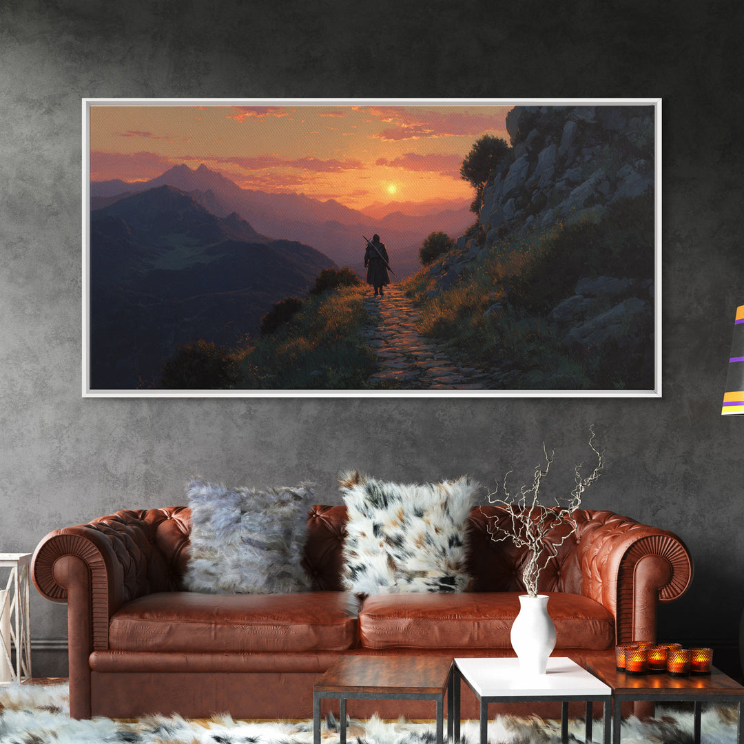 Lone Traveler Mountain Sunset Wall Art, Fantasy Landscape Canvas Print, Above Bed Decor, Adventure Gift, Nature Wall Decor