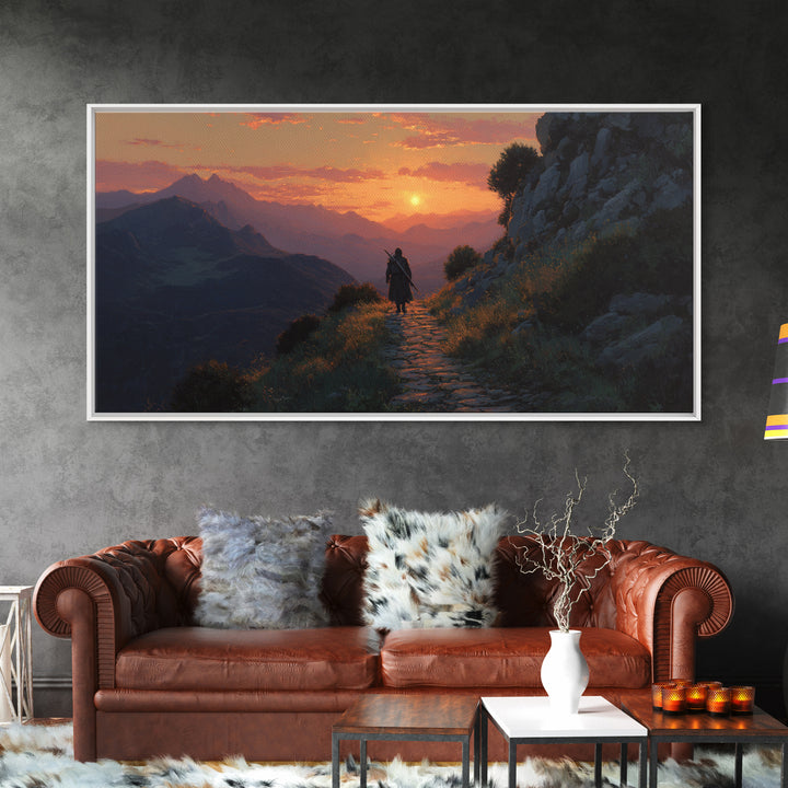 Lone Traveler Mountain Sunset Wall Art, Fantasy Landscape Canvas Print, Above Bed Decor, Adventure Gift, Nature Wall Decor