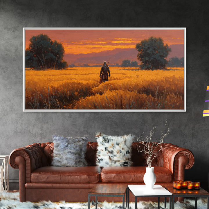 Armored Warrior In Golden Field Wall Art, Fantasy Landscape Print, Sunset Adventure Decor, Medieval Knight Gift For Him Art