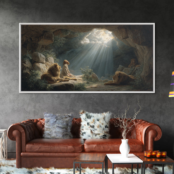 Sunlit Cave Child With Lions Canvas Print, Biblical Fantasy Wall Art For Nursery Decor, Prayer Room Decor And Housewarming Gift