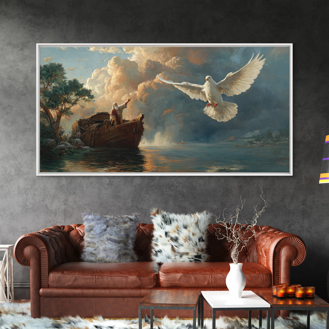 Noah Releasing White Dove From Ark Framed Canvas Print, Biblical Wall Art, Christian Decor, Spiritual Gift For Prayer Room