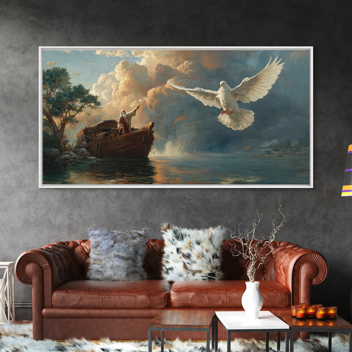 Noah Releasing White Dove From Ark Framed Canvas Print, Biblical Wall Art, Christian Decor, Spiritual Gift For Prayer Room