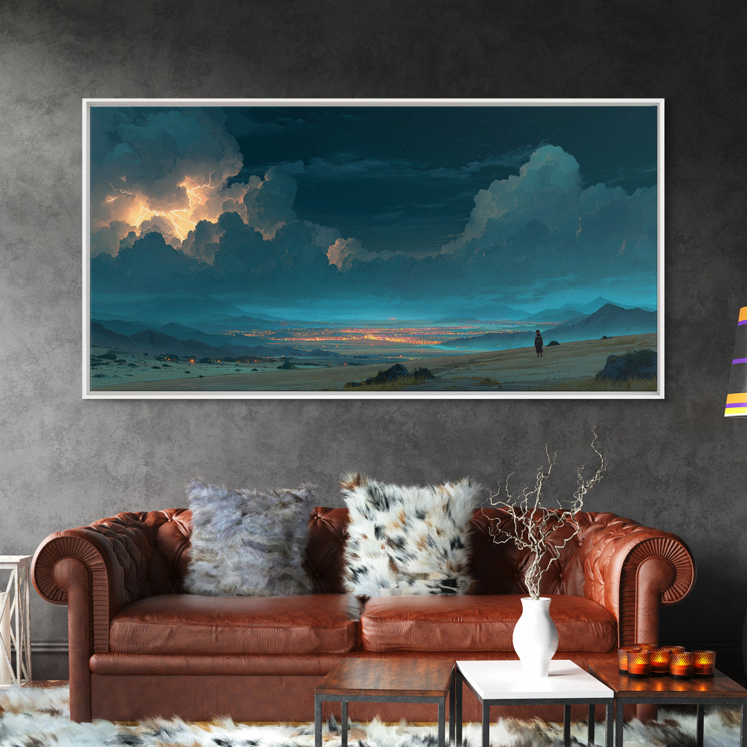 Moonlit Desert Storm Wall Art, Moody Blue Night Landscape Canvas Print, Southwest Travel Decor, Dramatic City Lights Gift