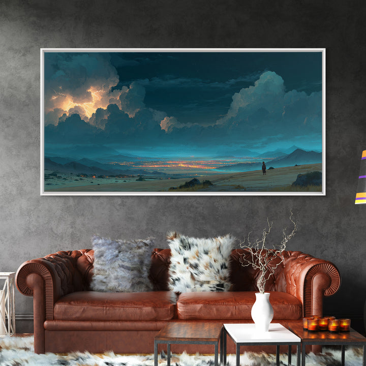 Moonlit Desert Storm Wall Art, Moody Blue Night Landscape Canvas Print, Southwest Travel Decor, Dramatic City Lights Gift