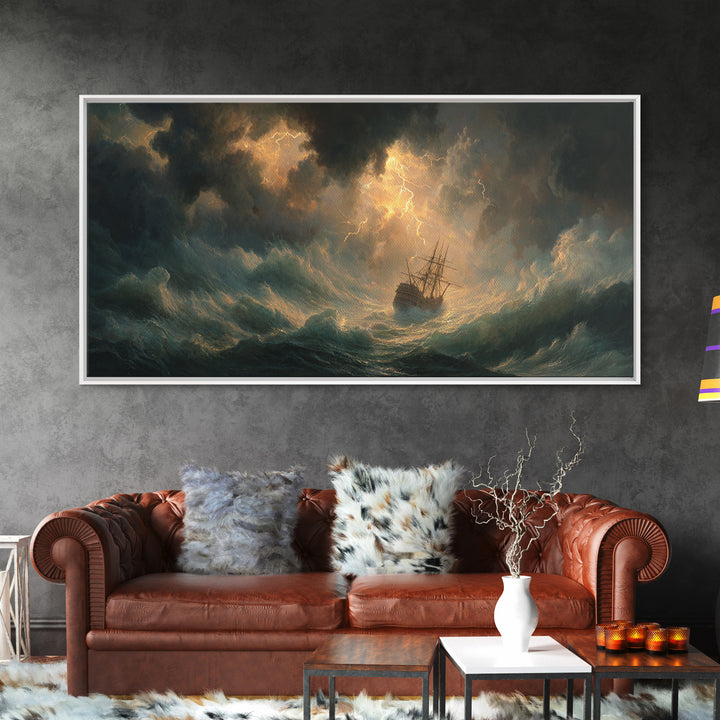 Lightning Storm Ship At Sea Canvas Print, Moody Ocean Seascape Wall Art, Nautical Decor, Dramatic Coastal Wall Decor For Living Room