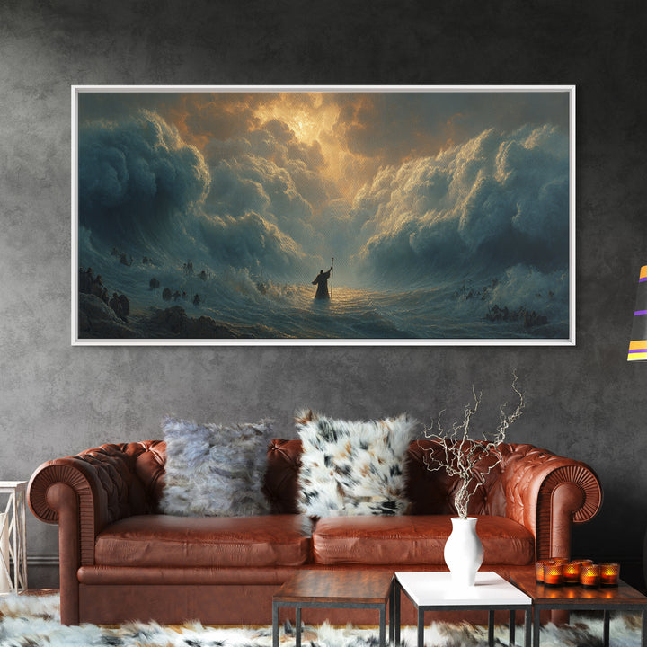 Moses Parting The Red Sea Wall Art, Biblical Ocean Storm Painting, Christian Home Decor, Dramatic Faith Gift For Living Room