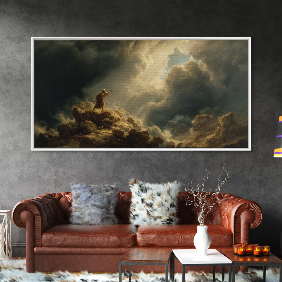 Prophet On Stormy Mountain Canvas Print, Biblical Wall Art, Divine Light Clouds, Spiritual Landscape Decor Gift For Prayer Room