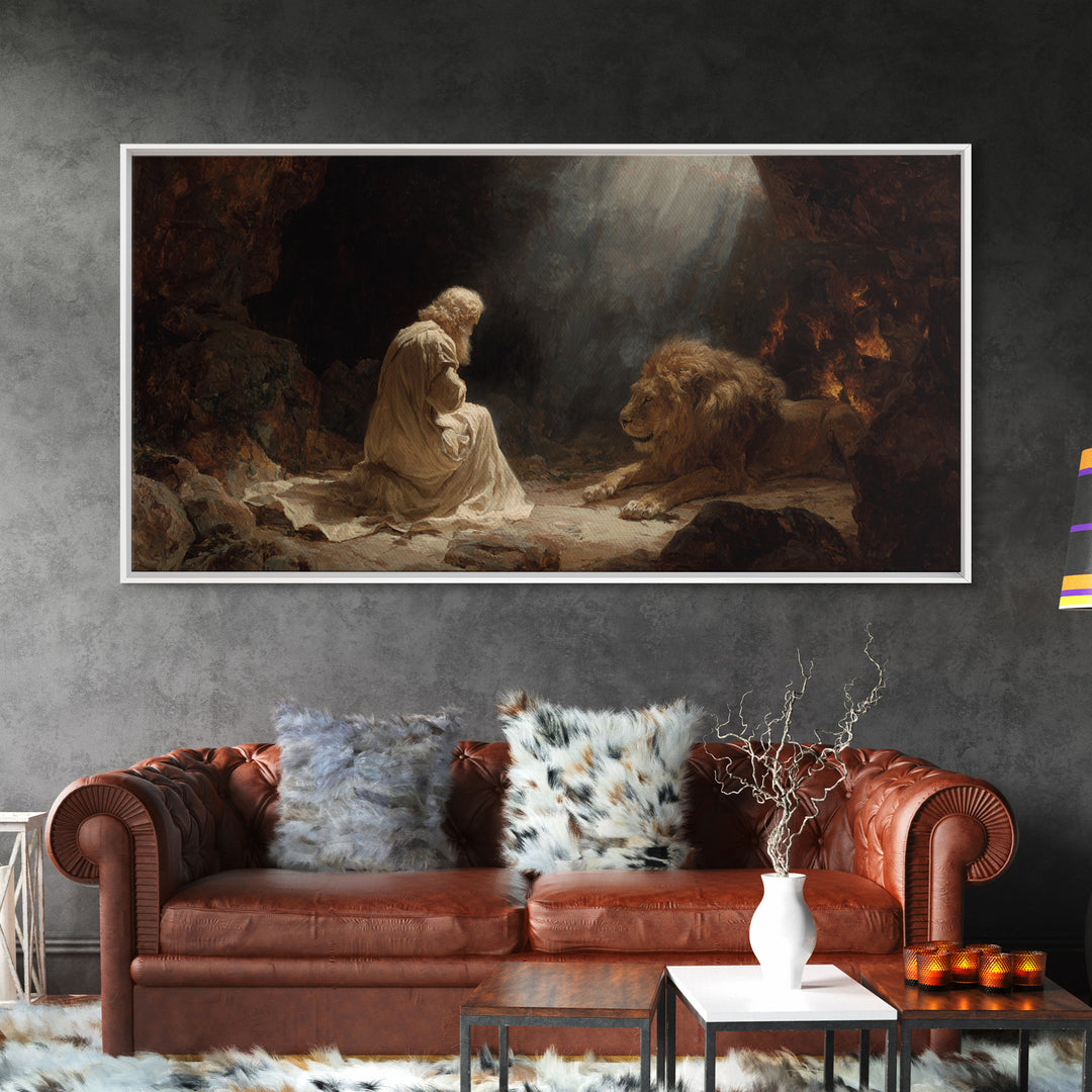Praying Man With Lion Cave Wall Art, Christian Canvas Print, Biblical Daniel Decor, Spiritual Fine Art For Prayer Room Decor