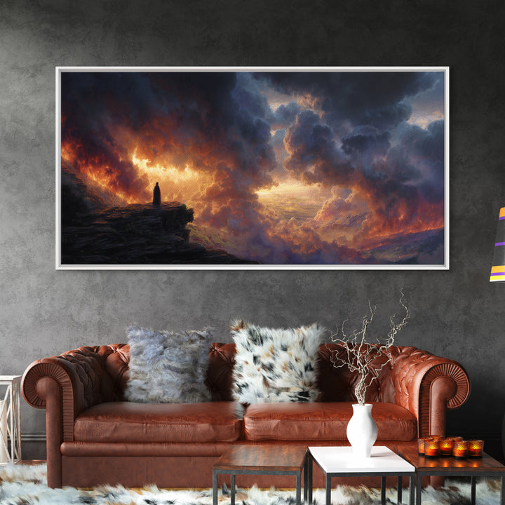 Lone Figure Before Fiery Storm Wall Art, Dark Fantasy Canvas Print, Dramatic Surreal Landscape, Moody Office Decor Gift For Him