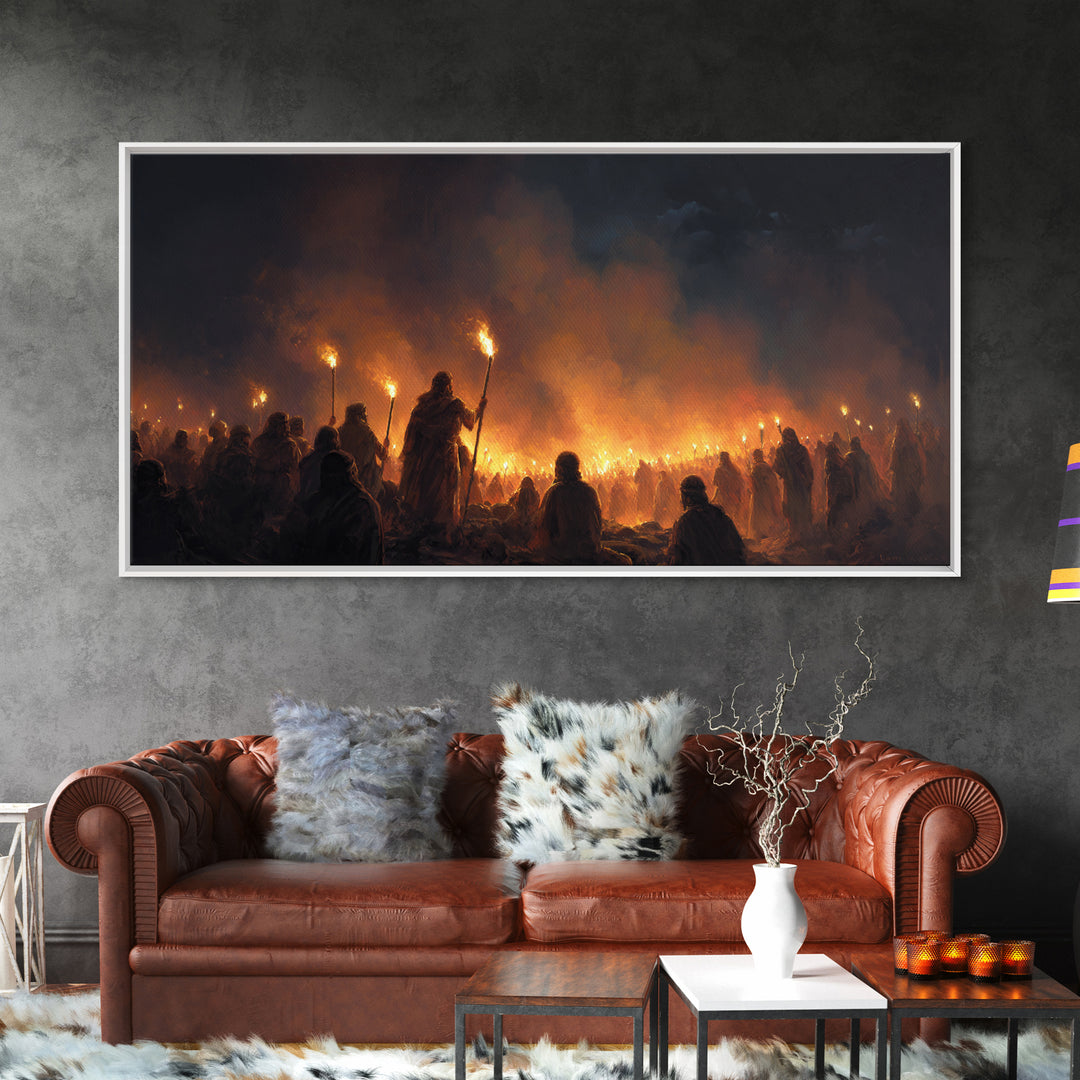 Torchlit Gathering In Smoky Night Wall Art, Dark Fantasy Painting Print, Moody Medieval Decor, Dramatic Statement Art For Gothic Home