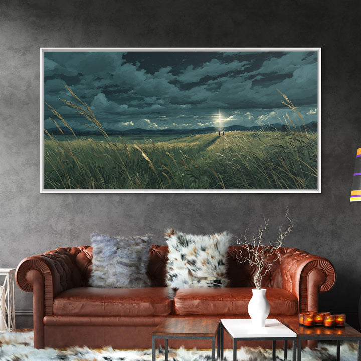 Lone Figure In Stormy Meadow Wall Art, Moody Fantasy Landscape Canvas Print, Cinematic Field Decor, Dramatic Nature Art Print