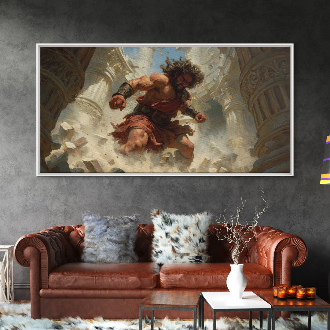 Raging Titan Among Ruined Columns Framed Canvas Print, Mythological Art, Greek Fantasy Wall Art, Dramatic Home Decor, Statement Artwork