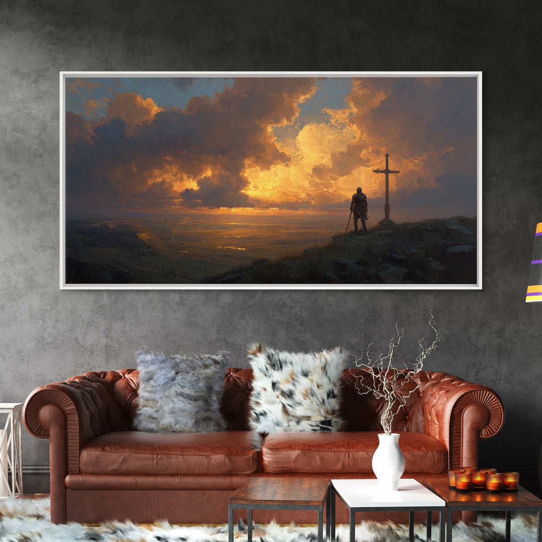 Lone Knight Sunset Wall Art, Medieval Fantasy Landscape Canvas Print, Christian Cross Decor, Masculine Office Art Gift For Him