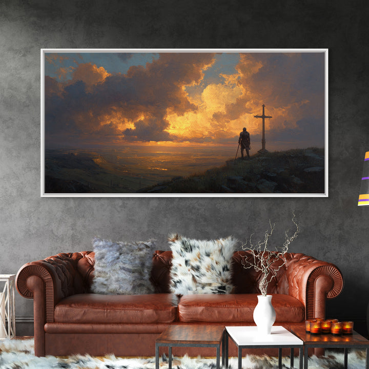 Lone Knight Sunset Wall Art, Medieval Fantasy Landscape Canvas Print, Christian Cross Decor, Masculine Office Art Gift For Him