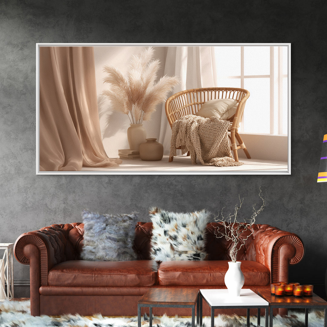 Neutral Wicker Chair With Pampas Grass Canvas Print, Boho Bedroom Wall Art, Cozy Minimalist Decor For Modern Living Room