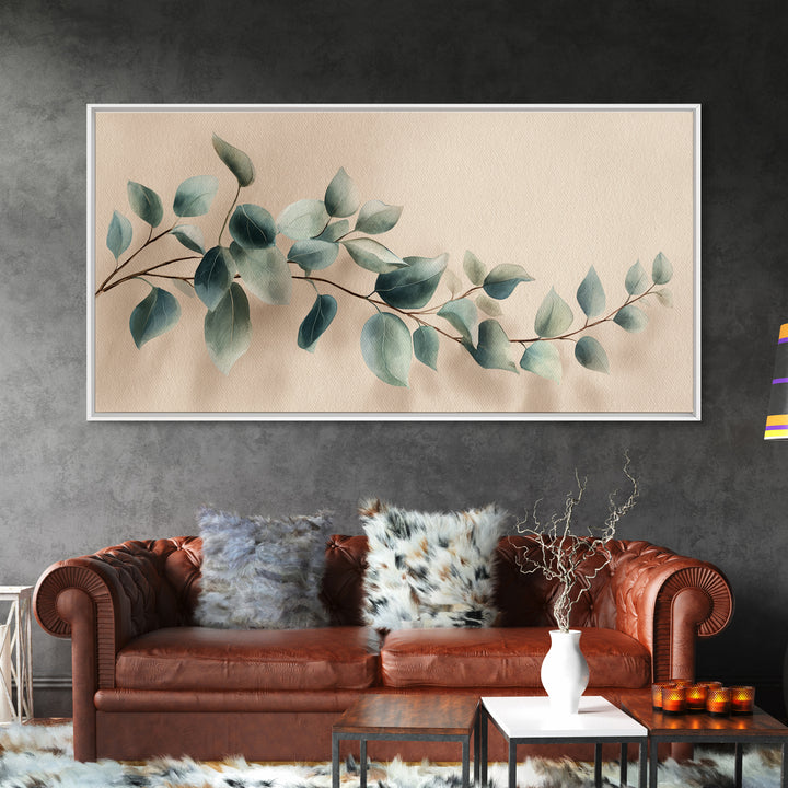 Soft Eucalyptus Branch Canvas Print, Blue Green Botanical Wall Art, Neutral Home Decor, Bedroom Wall Art, Modern Living Room Art