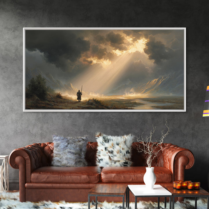 Warrior In Sunlit Mountain Valley Canvas Print, Fantasy Landscape Wall Art, Epic Adventure Decor And Dramatic Office Art