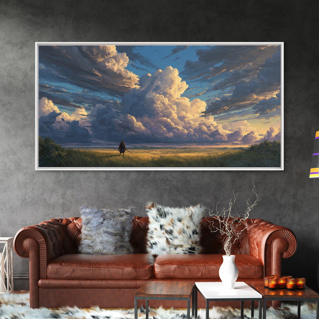 Lone Traveler Beneath Towering Clouds Wall Art, Dramatic Landscape Canvas Print, Calming Nature Living Room Decor, Large Poster