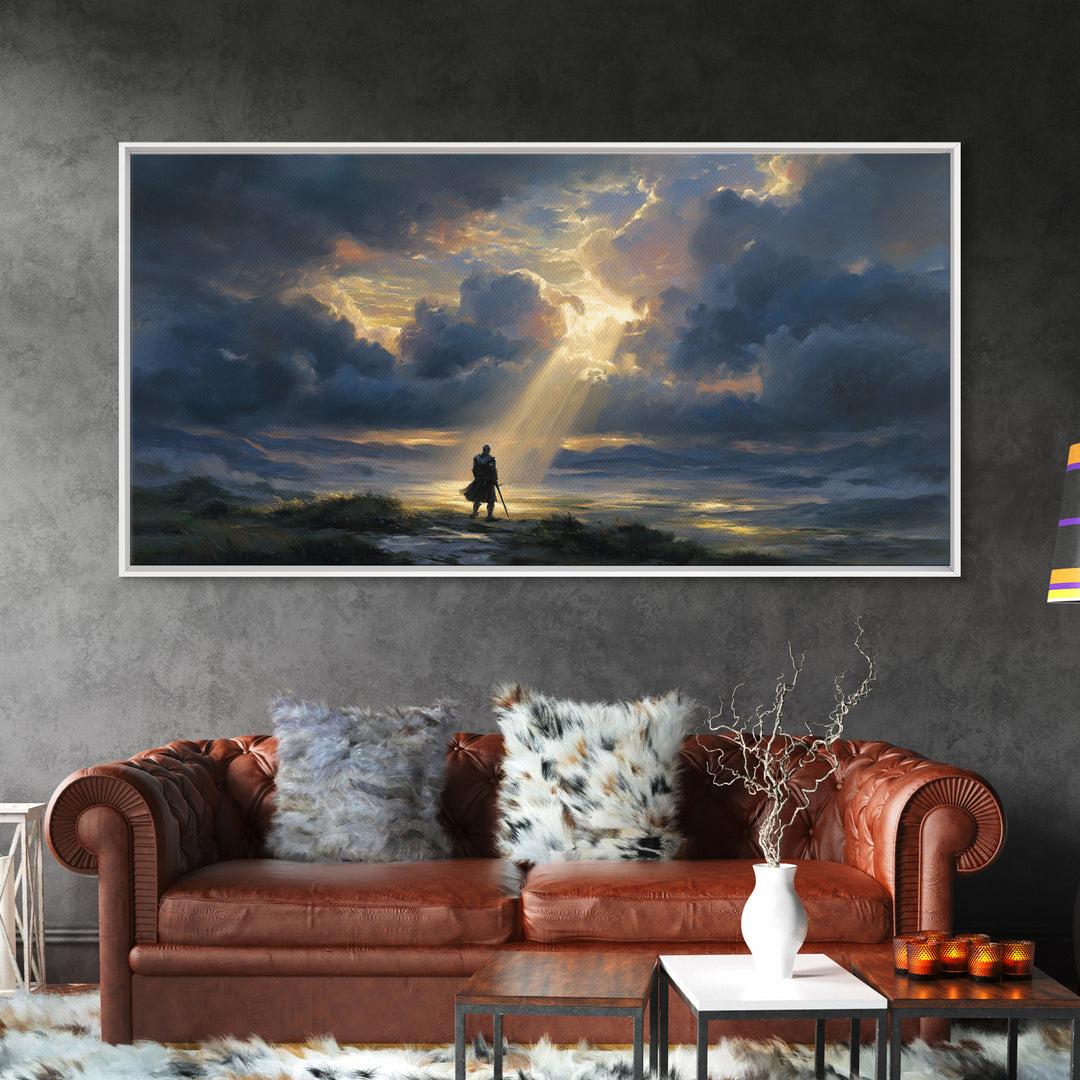Lone Wanderer Beneath Radiant Storm Clouds Wall Art, Dramatic Fantasy Landscape Print, Moody Sky Living Room Decor, Gift For Him