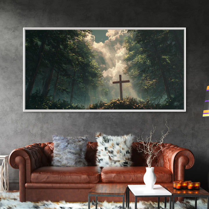 Sunlit Forest Cross Wall Art, Christian Canvas Print, Peaceful Nature Landscape, Bible Verse Decor, Prayer Room Gift, For Him