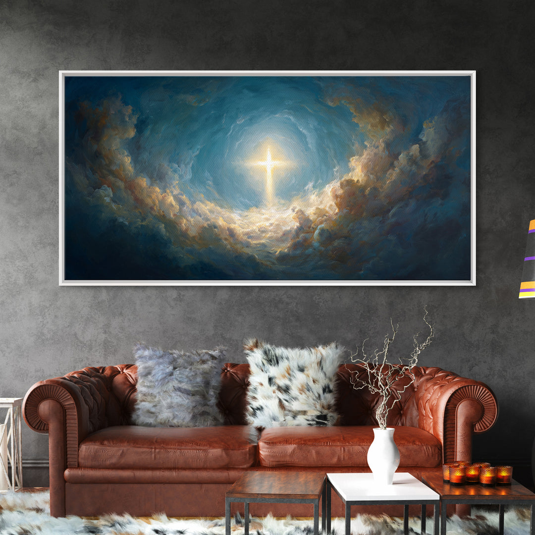 Glowing Cross In Stormy Clouds Wall Art, Christian Canvas Print, Celestial Religious Decor, Inspirational Gift For Home Decor