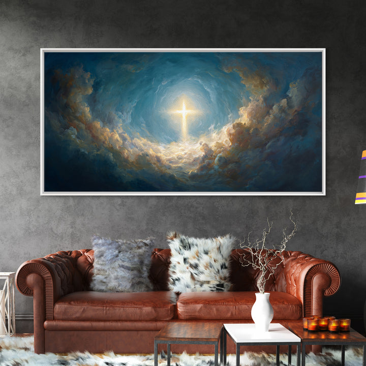 Glowing Cross In Stormy Clouds Wall Art, Christian Canvas Print, Celestial Religious Decor, Inspirational Gift For Home Decor