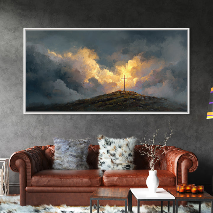 Dramatic Cross On Stormy Hill Wall Art, Christian Landscape Canvas, Moody Faith Decor, Religious Gift, Living Room Art Print