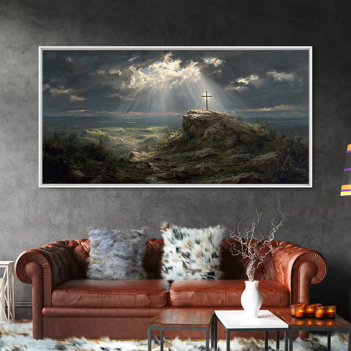 Sunlit Cross On Rocky Hill Wall Art, Christian Landscape Canvas Print, Bible Verse Decor, Spiritual Gift For Home And Prayer