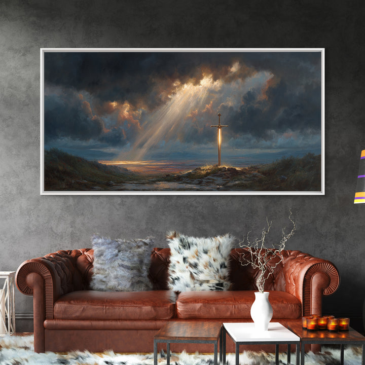 Glowing Sword In Storm Clouds Wall Art, Dramatic Christian Fantasy Canvas Print, Spiritual Decor, Dark Academia Gift For Him