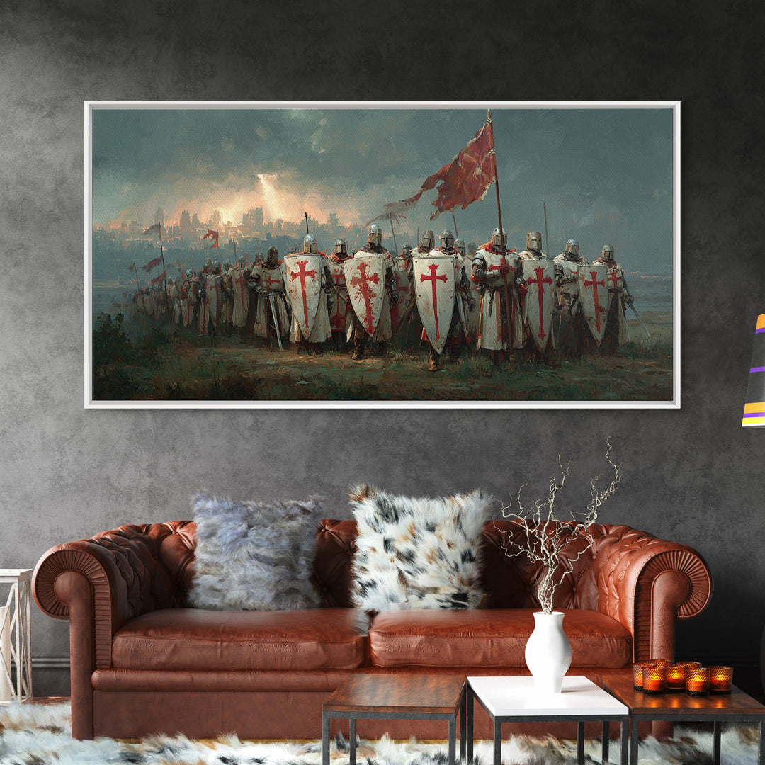 Medieval Knights Templar Army Wall Art, Crusader Framed Canvas Print, Historical Painting, Man Cave Decor, Unique Gift For Him