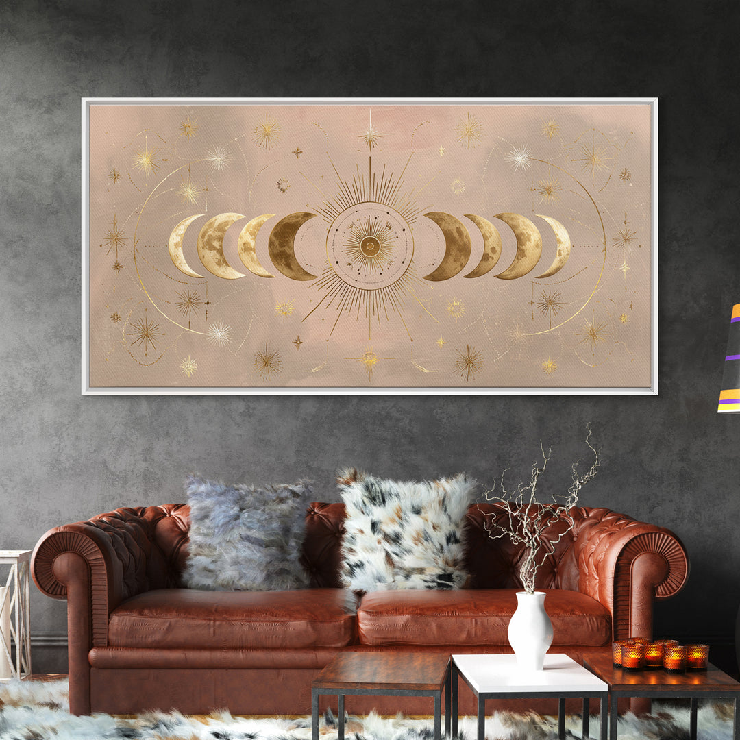 Gold Moon Phase Celestial Wall Art, Mystical Stars And Sun, Boho Bedroom Decor, Astrology Gifts, Above Bed Canvas Print Decor