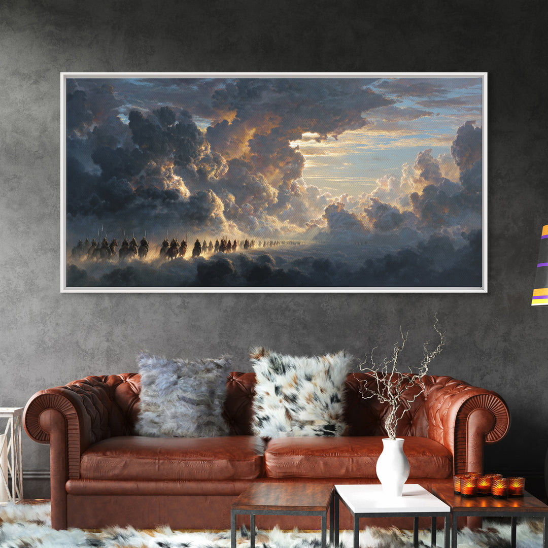 Celestial Riders In Storm Clouds Wall Art, Epic Fantasy Sky Painting, Dramatic Landscape Canvas, Mythological Decor For Office